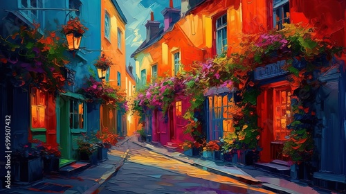 illustration of beautiful narrow city alley with colorful building has flower pot decorated, Generative Ai © QuietWord