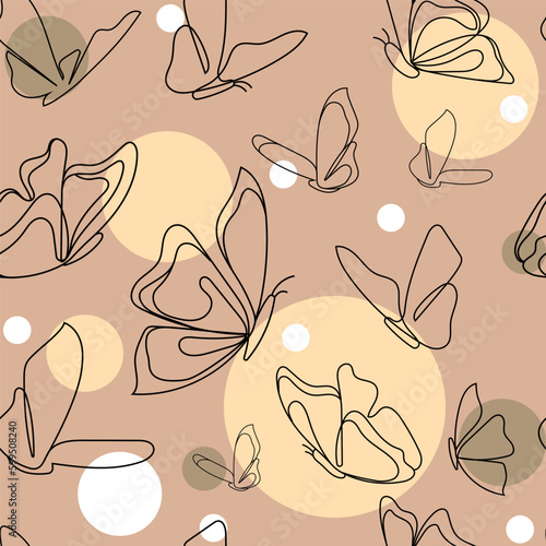 Flying butterflies line drawing on beige background with pastel circles vector illustration for fashion print,textile,paper,backdrop.Each layer is isolated and editable