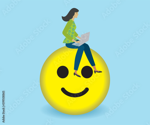 Work happiness or job satisfaction, passion or enjoyment working, employee wellbeing concept, happy businesswoman working with computer on smiley. Vector illustration