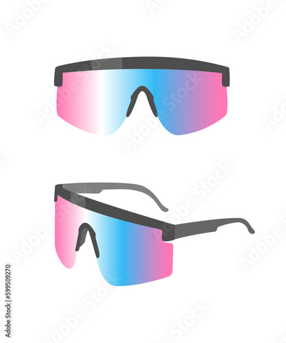 Sporty sunglasses with pink and blue gradient lenses.