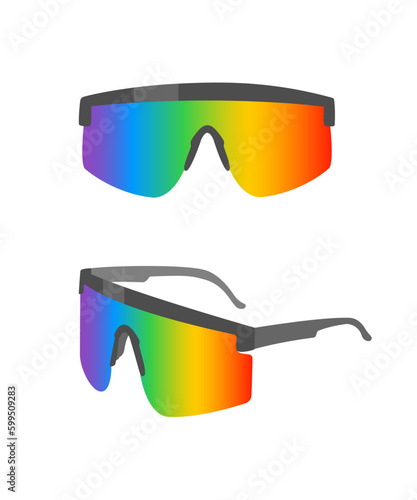 Sporty sunglasses with rainbow colored lenses.