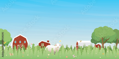 Rural farm and village landscape in the morning vector illustration with blank space. Livestock flat design for eco or daily products advertisement.