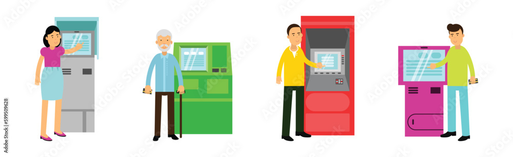 People Characters Using Electronic Self Service Terminals and ATM Machine Vector Illustration Set People Characters Using Electronic Self Service Terminals and ATM Machine Vector Illustration Set