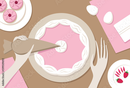 The confectioner decorates birthday cake. Top view illustration
