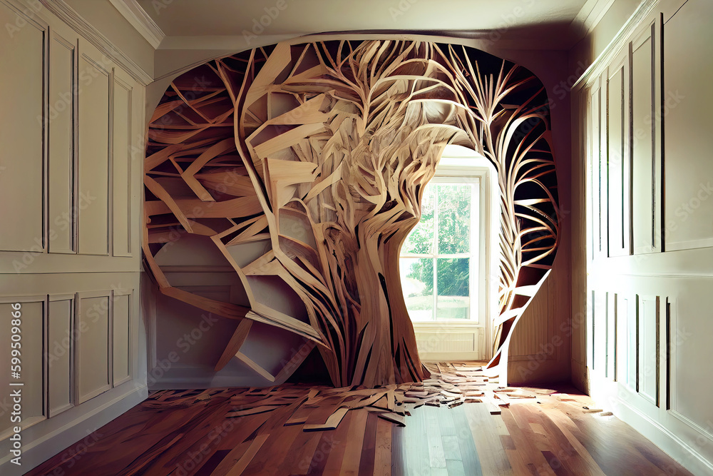 Wood art installation in interior room as door in tree (Generative AI