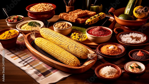 A Festa Junina table setup, showcasing a selection of typical treats such as corn on the cob. Brazilian food. Generative AI. photo
