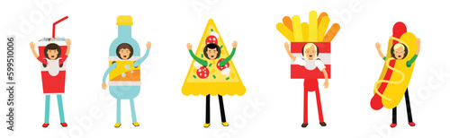 People Character Wearing Food Costumes Standing and Waving Hand Vector Illustration Set
