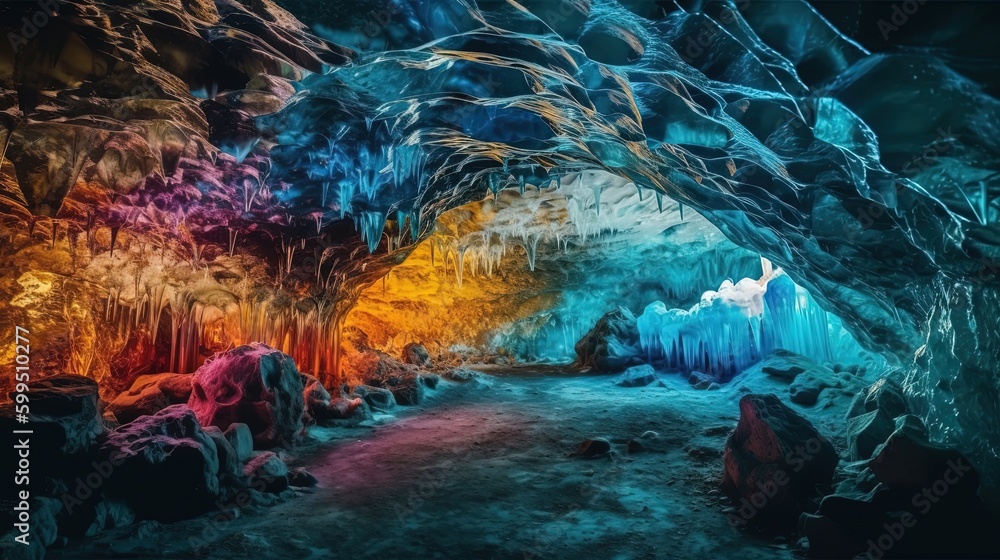 abstract nature background of colorful ice cave in winter cold weather, Generative Ai