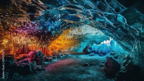 abstract nature background of colorful ice cave in winter cold weather  Generative Ai