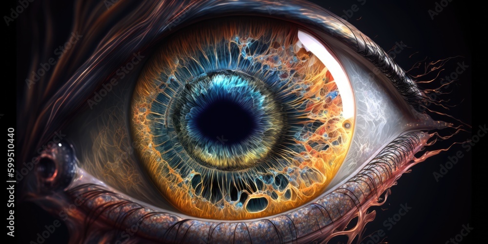 An eye with a blue pupil and the word eye on it
