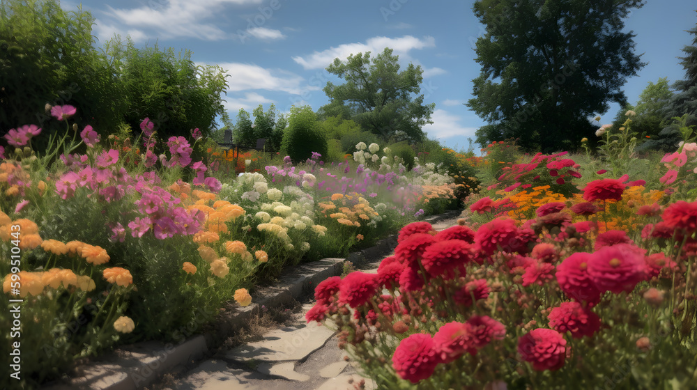 A colorful garden bursting with blooms under a bright blue sky is the perfect embodiment of a summer day.
