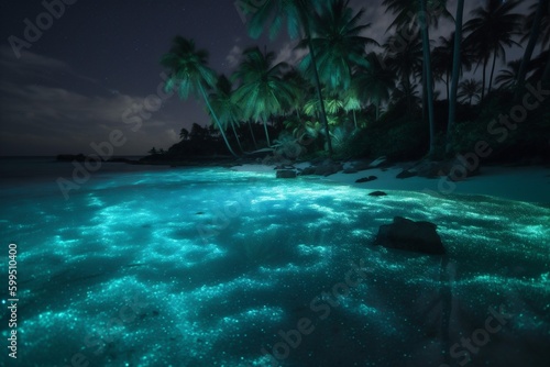 tropical luminous beach paradise ocean sky night palm blue tree vacation. Generative AI.