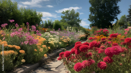 A colorful garden bursting with blooms under a bright blue sky is the perfect embodiment of a summer day.