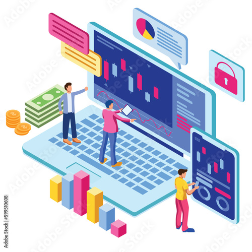 Modern Isometric Online Stock Market Technology Illustration in White Isolated Background With People and Digital Related Asset