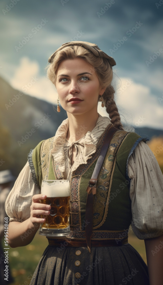 Attractive german waitress serving large beer at the Oktoberfest in Germany. Generative AI illustrations Attractive german waitress serving large beer at the Oktoberfest in Germany. Generative AI illustrations