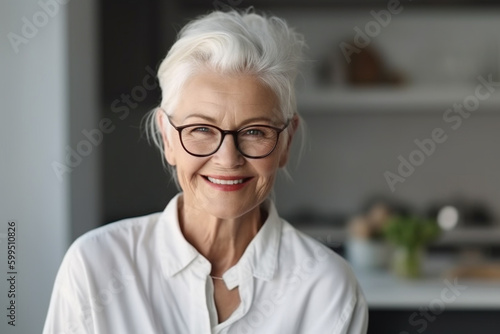 Portrait of happy senior caucasian woman with teeth smile. Generative AI
