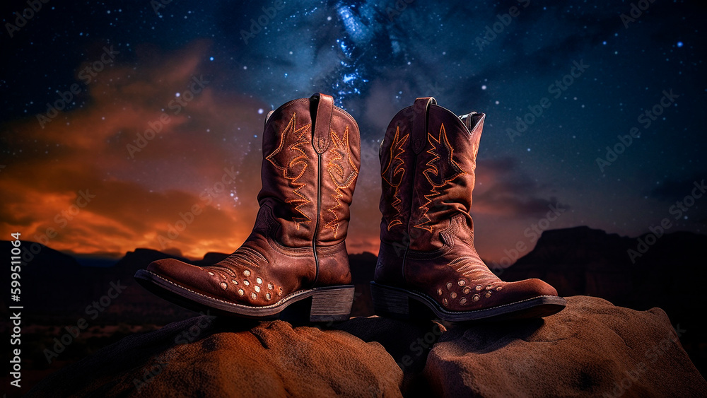 Cowboy boots on rocks with starry night sky in background. generative ai.