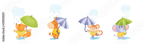 Smiling Animals Wearing Coat Walking on Puddles in Rainy Day with Umbrella Vector Set
