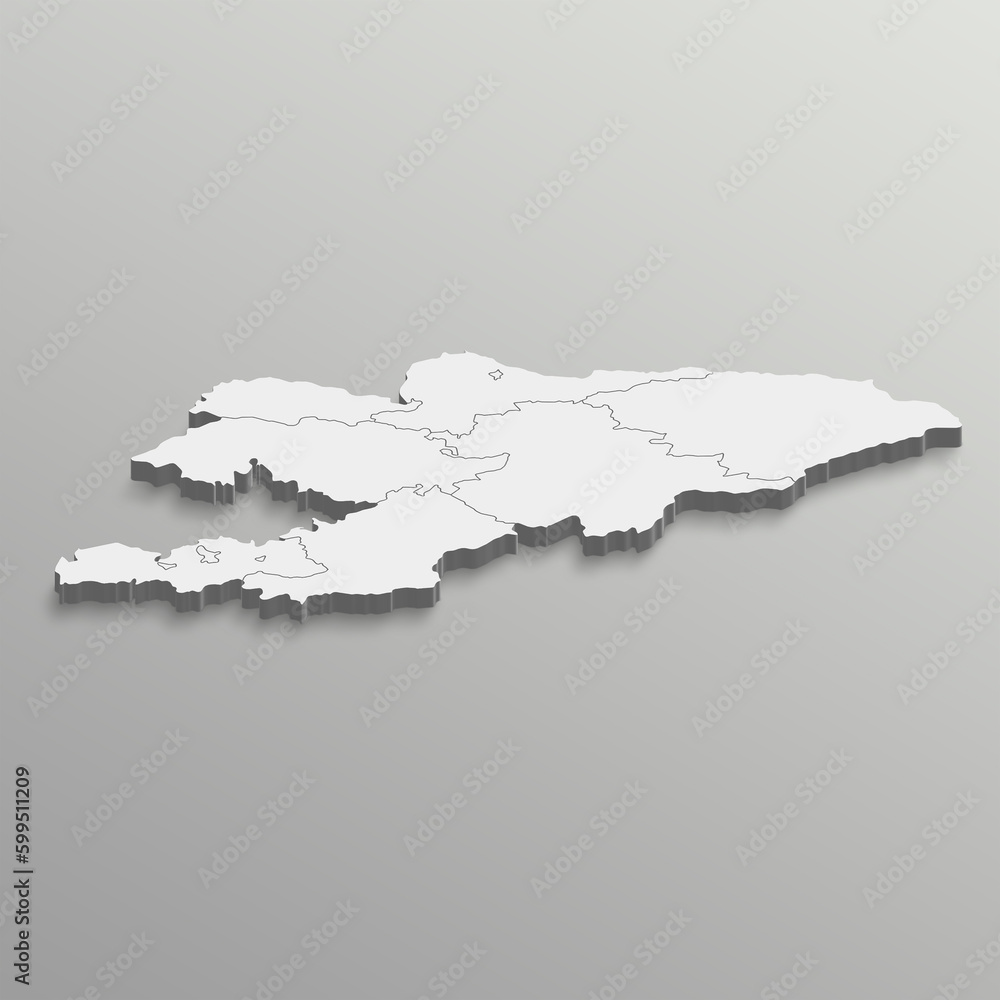 A map of the Kyrgyzstan in a gray background fully editable 3d isometric map with states