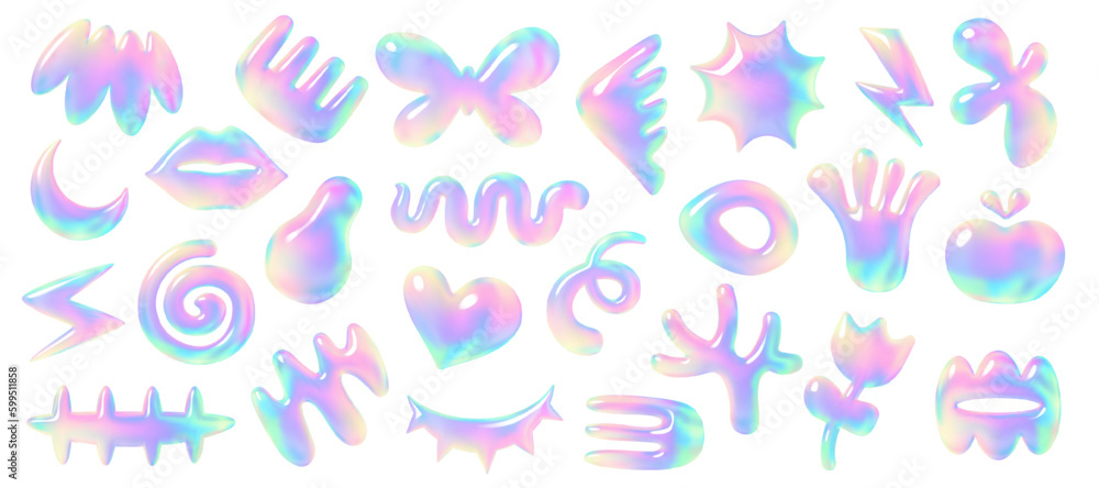 Abstract 3D holographic forms, assorted volumetric vector simple shapes objects in Y2K style, isolated on white backdrop Abstract 3D holographic forms, assorted volumetric vector simple shapes objects in Y2K style, isolated on white backdrop