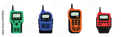 Colorful Portable Radio Device or Walkie Talkie with Antenna Vector Set