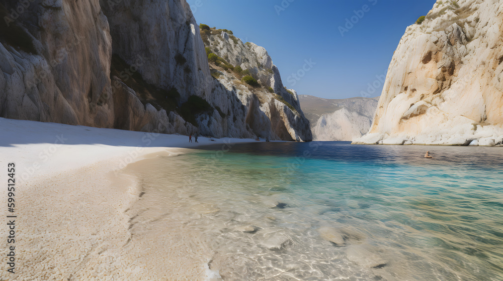 Fototapeta premium A secluded beach surrounded by towering cliffs and crystal-clear waters is the ideal spot to escape the summer heat.