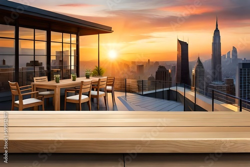 Rooftop restaurant with wooden table isolated on blurry city landscape