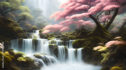Magical landscape with waterfalls and pink trees, generative IA