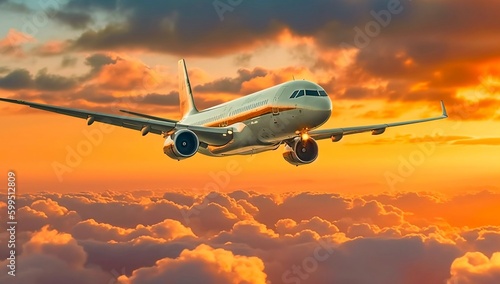 Jetliner commercial airplane flies above dramatic clouds in beautiful sunset light. flight transportation travel concept background airline. Airplane in the sunset sky generative ai variation 2