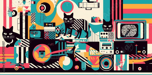 banner pattern cats and shapes  geometic minimal lines  colorful background  generative ai illustration