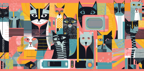 banner pattern cats and shapes, geometic minimal lines, colorful background, generative ai illustration