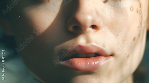 a close-up of a woman's face. Her skin is smooth, glowing, and free of blemishes Generative AI