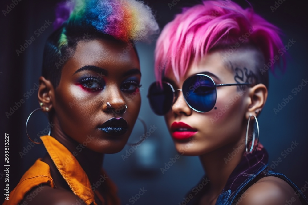 Obraz premium two black friends model wih a colorful hairstyle and urban mood, posing on camera, generative ai illustration