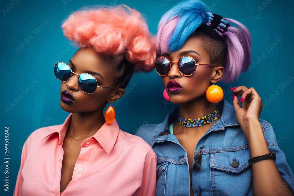 two black friends model wih a colorful hairstyle and urban mood, posing on camera, generative ai illustration