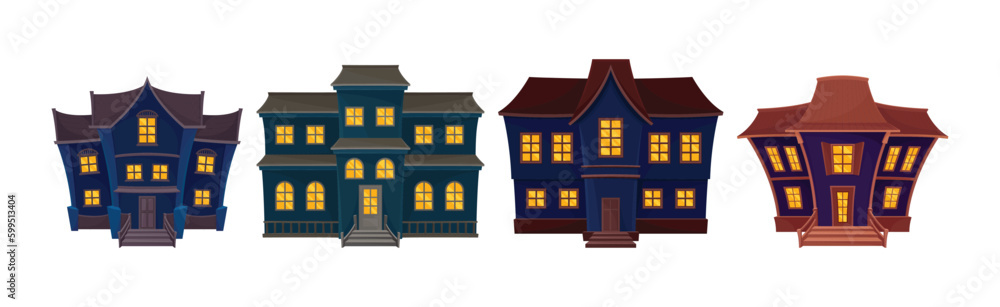 Gloomy Halloween Houses with Scary Shiny Yellow Windows Vector Set