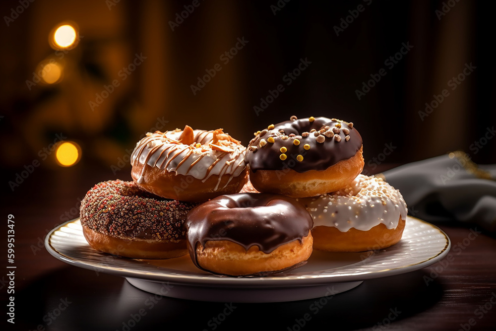 Donuts on a plate on a dark background. Selective focus. 3d. Generative AI Donuts on a plate on a dark background. Selective focus. 3d. Generative AI