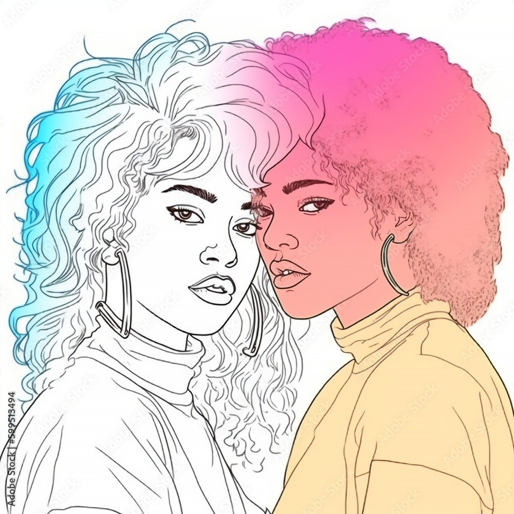 portrait drawing of two girl friends, with curly hairs, rainbow colors, generative ai illustration portrait drawing of two girl friends, with curly hairs, rainbow colors, generative ai illustration