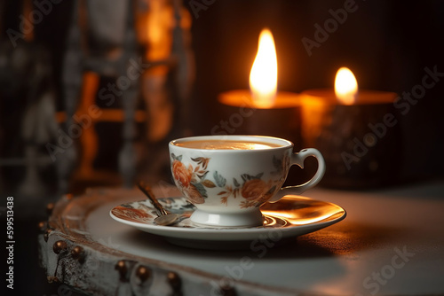 Cup of coffee on a table with candles in the background. 3d.    Generative AI