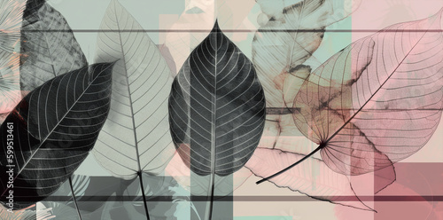 contemporary banner x ray stile, leaves pattern on pastel background, generative ai illustration