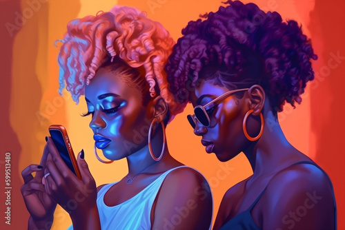 two beautiful black woman with a fashion urban style with looking smartphone, neon bright colors, generative ai illustration