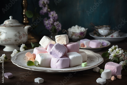 Colorful marshmallows on a rustic wooden table, selective focus. 3d. Generative AI