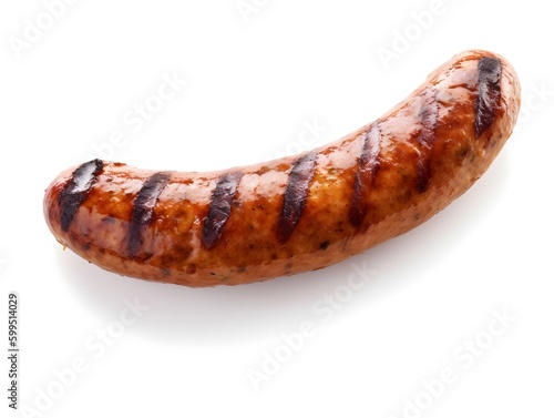 Grilled sausage isolated on white background. Top view. Flat lay.