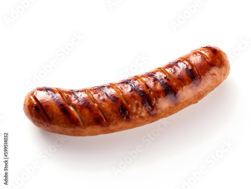 Grilled sausage isolated on white background. Top view. Flat lay.
