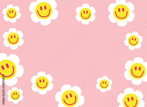 Seamless Pattern With Smile Flower On Pink Vintage Background. And Daisy Icons
