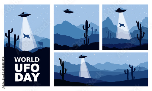 UFO Cow Abduction. Funny vector illustrations for world UFO day, night landscape with flying saucer over mexico	