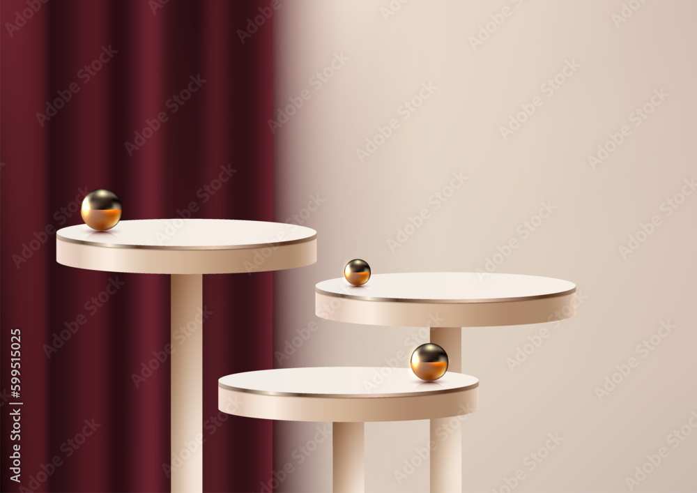 3D realistic modern luxury style golden round table or podium decoration with gold balls and red curtain backdrop on beige background 3D realistic modern luxury style golden round table or podium decoration with gold balls and red curtain backdrop on beige background