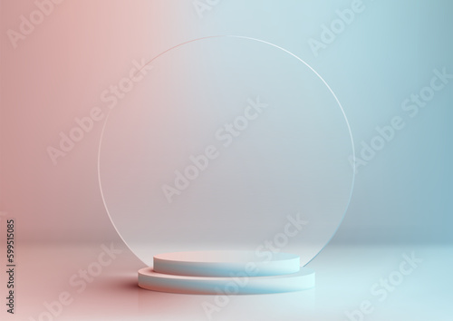 3D realistic products display blue and pink podium pedestal stand with transparent circle glass backdrop minimal wall scene on pastel colors background