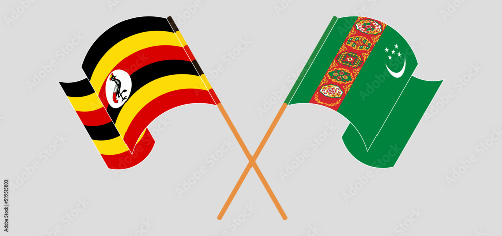 Crossed and waving flags of Uganda and Turkmenistan Crossed and waving flags of Uganda and Turkmenistan