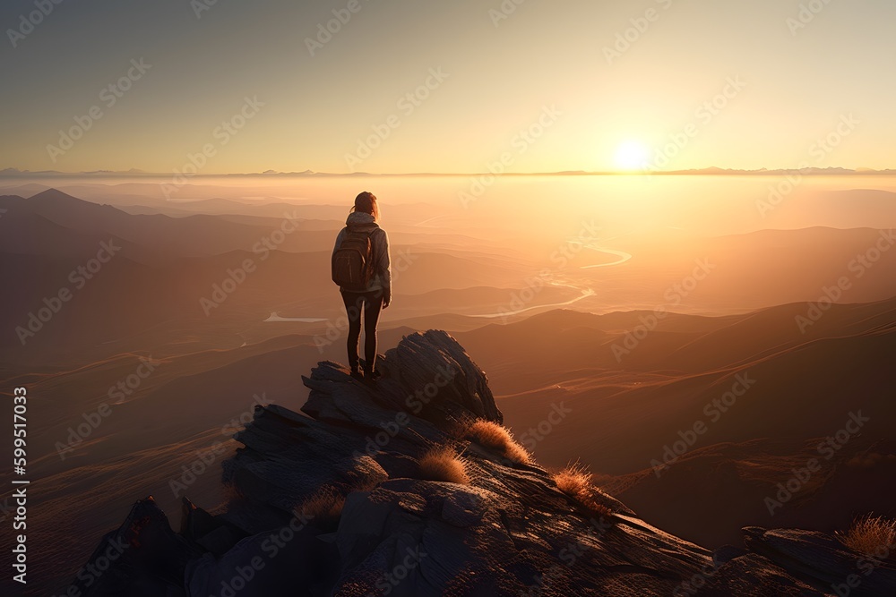 Abstract Female Hiker stands at the summit of a difficult mountain climb to be greeted with a beautiful view of the sunrise. Generative ai. Advertising photography style.