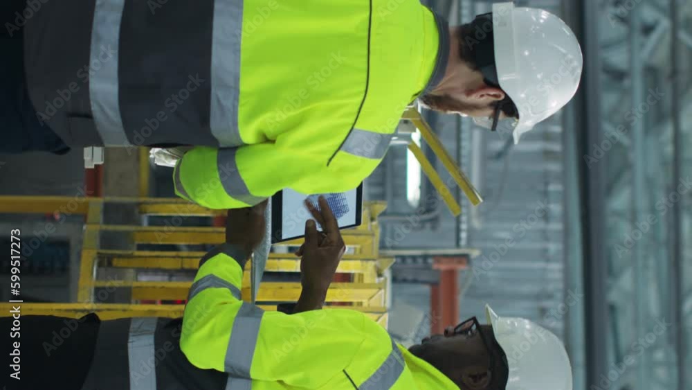 Vertical shoot. Employees from back in yellow vests at construction. African American man holds laptop in hands. Engineer in hard hat holds blueprint and communicates with colleague. Vertical shoot. Employees from back in yellow vests at construction. African American man holds laptop in hands. Engineer in hard hat holds blueprint and communicates with colleague.